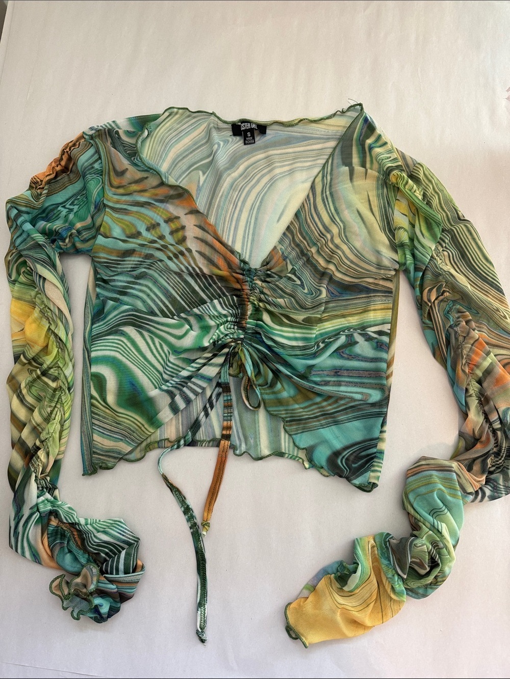 Poster Girl Mesh cropped top shirt Womens S psychedelic Rouched Boho Festival